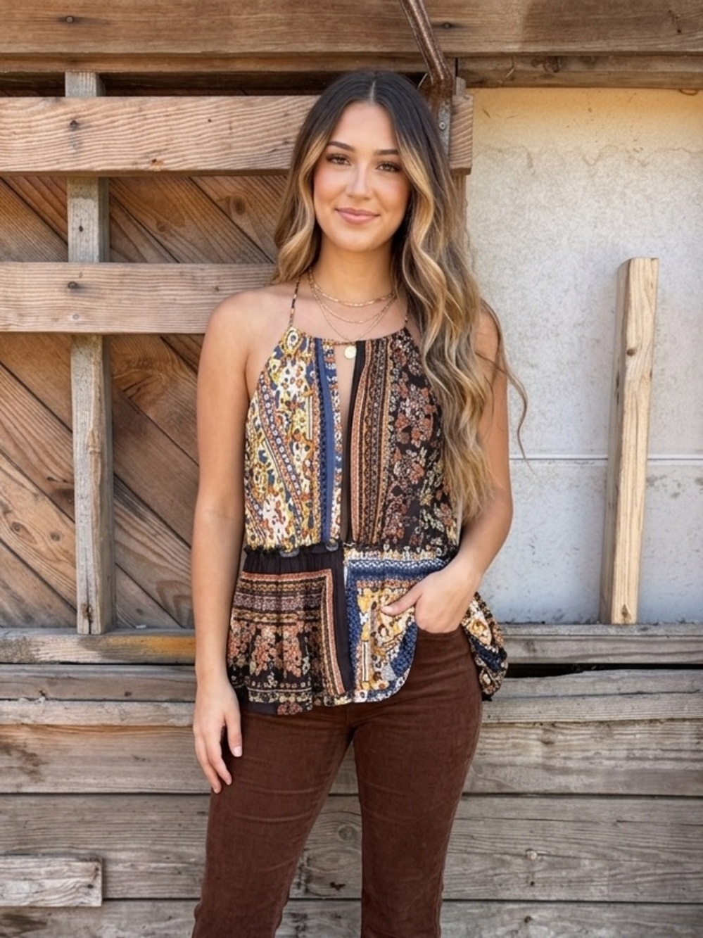 Free People Multicolor Halter Patchwork Top with Brown Pants